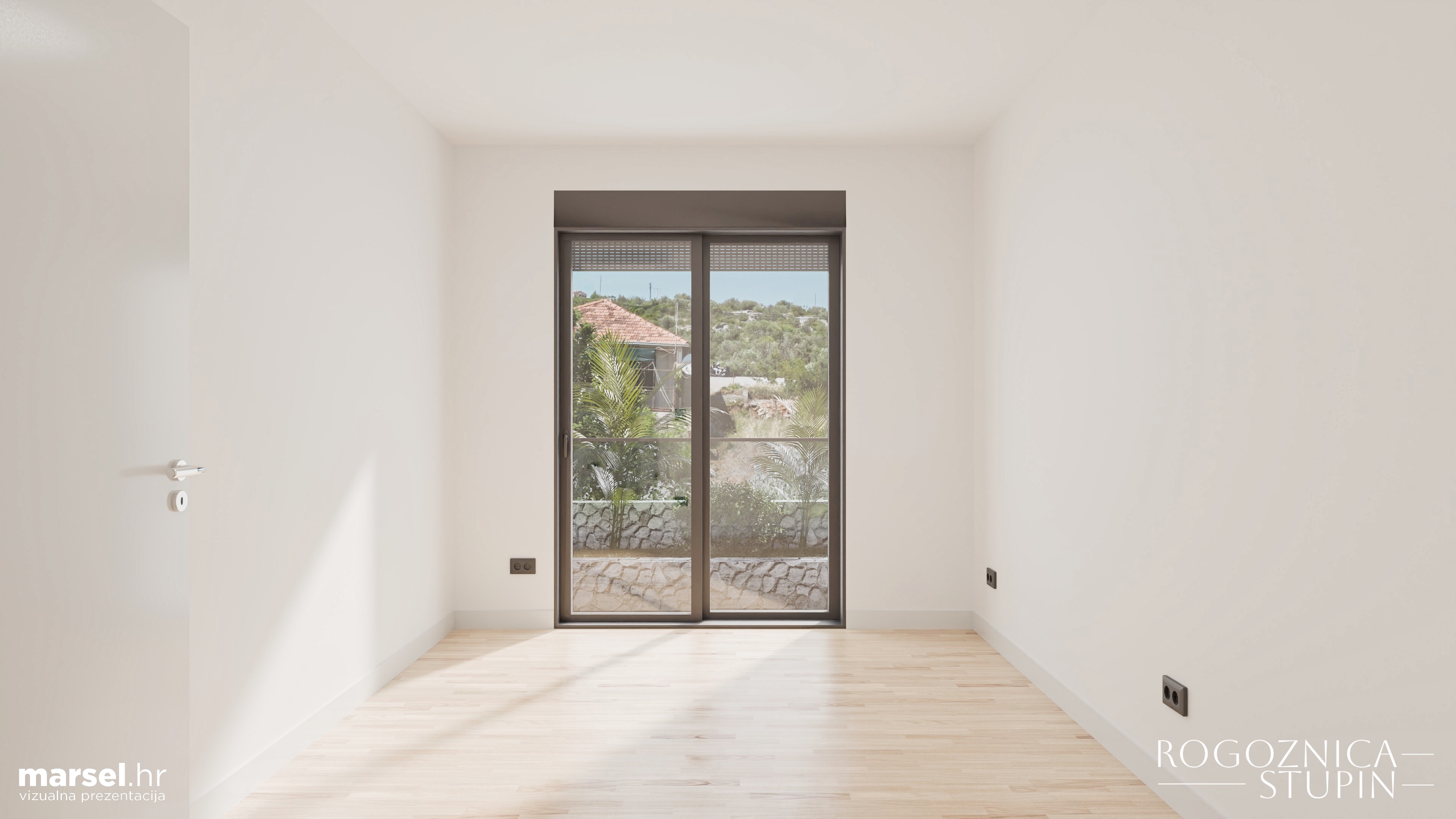 Vizualizacija interijera apartmana u novogradnji Rogoznica Stupin. Prostrani i svijetli unutarnji prostori s pogledom na more, idealni za stanovanje ili investiranje u apartman na dalmatinskoj obali.